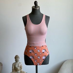 Orange Striped Floral Cut Out Swimsuit